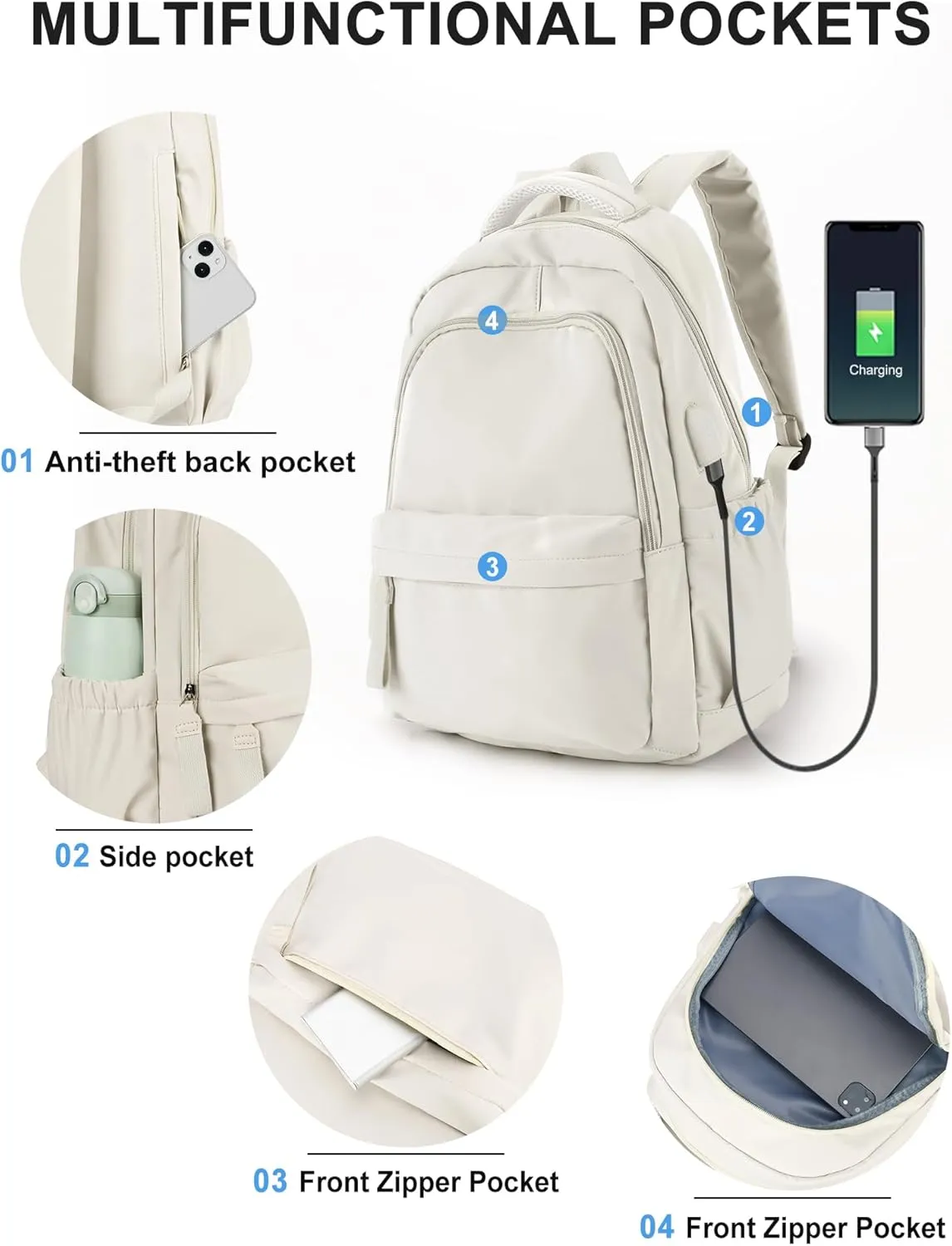 winspansy Small Backpack For School Girls Boys Aesthetic Lightweight Travel Daypack Simple Cute Backpack For Women Men College High School Bookbag Fit 14 Inch Laptop With USB charging port,Beige