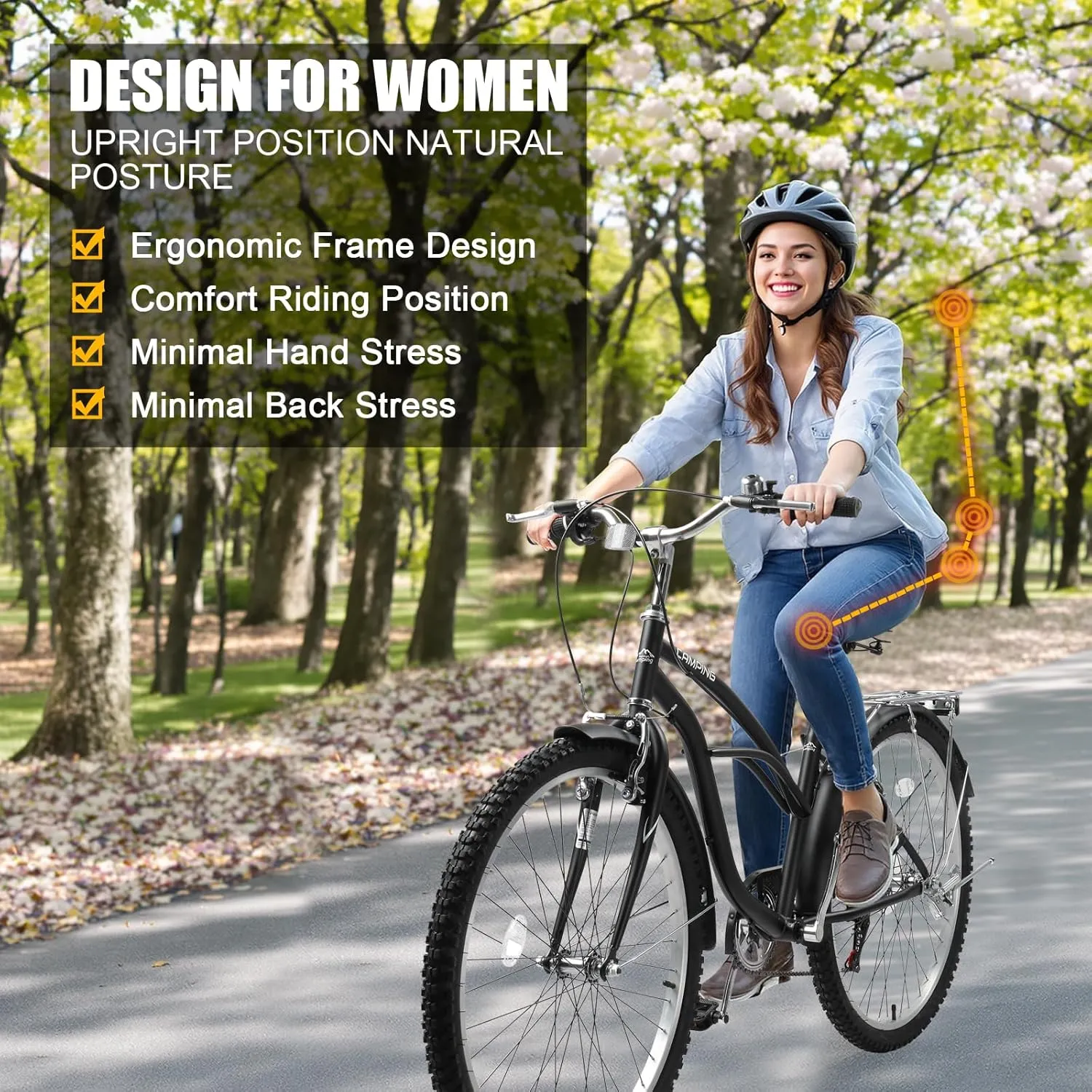 Women Bike, 26 Inch Beach Cruiser Bike, 7 Speed Commuter Bicycle with Ergonomic Upright Frame, Full Front & Rear Fenders and Foldable Front Basket (Green/Black/Red)