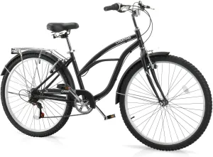 Women Bike, 26 Inch Beach Cruiser Bike, 7 Speed Commuter Bicycle with Ergonomic Upright Frame, Full Front & Rear Fenders and Foldable Front Basket (Green/Black/Red)