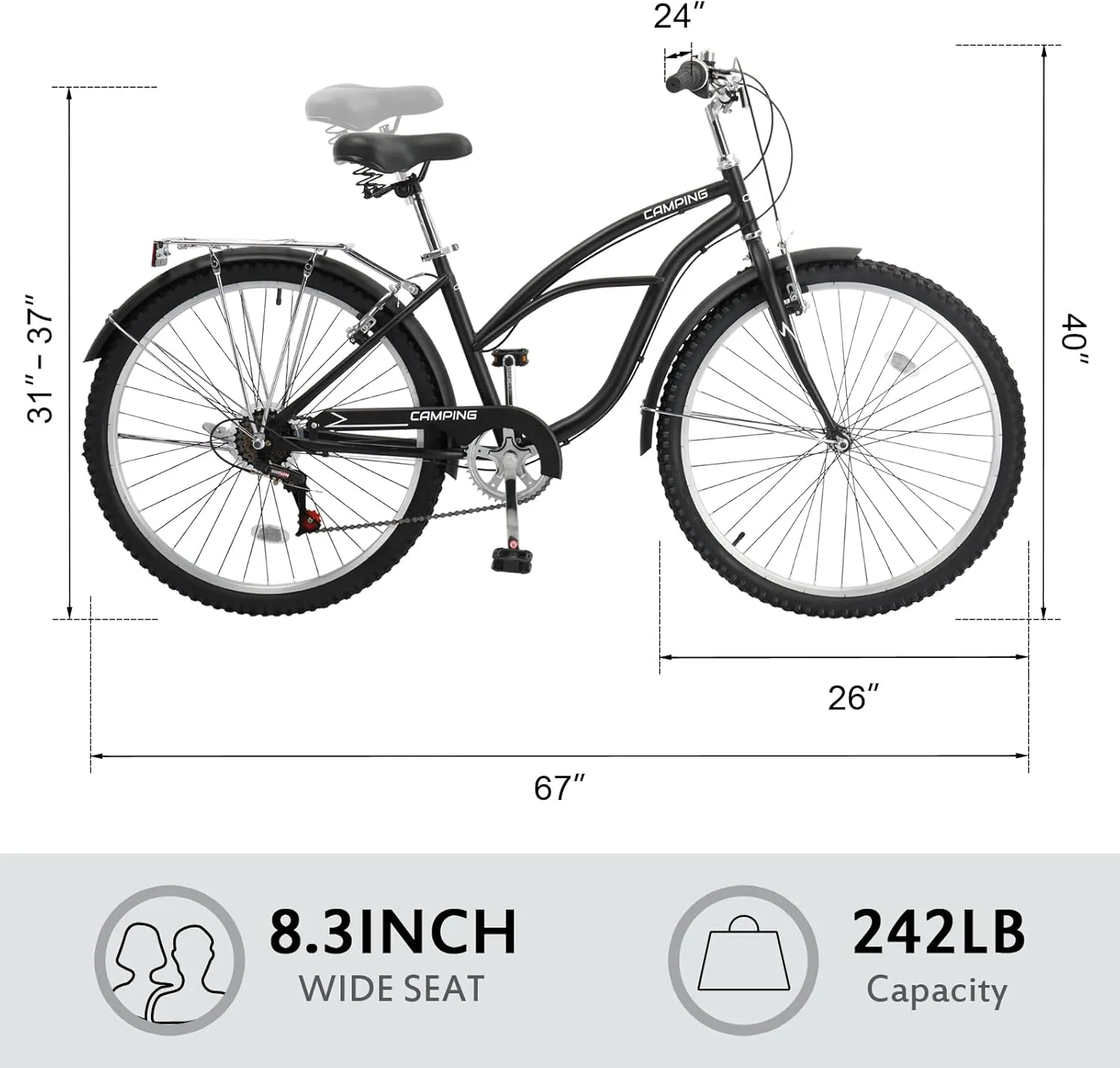 Women Bike, 26 Inch Beach Cruiser Bike, 7 Speed Commuter Bicycle with Ergonomic Upright Frame, Full Front & Rear Fenders and Foldable Front Basket (Green/Black/Red)