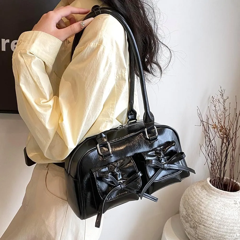 Women Fashion Shoulder Bag Double Pockets PU Leather Casual Armpit Bag with Bow Simple Shopping Bag Solid Color fo