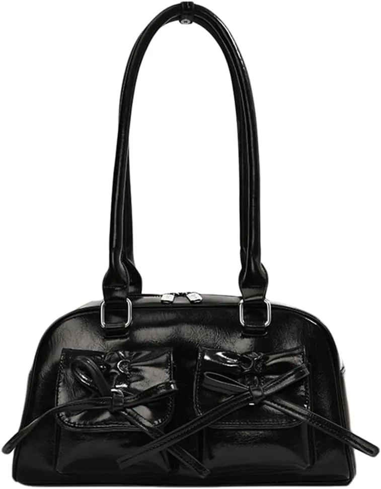 Women Fashion Shoulder Bag Double Pockets PU Leather Casual Armpit Bag with Bow Simple Shopping Bag Solid Color fo