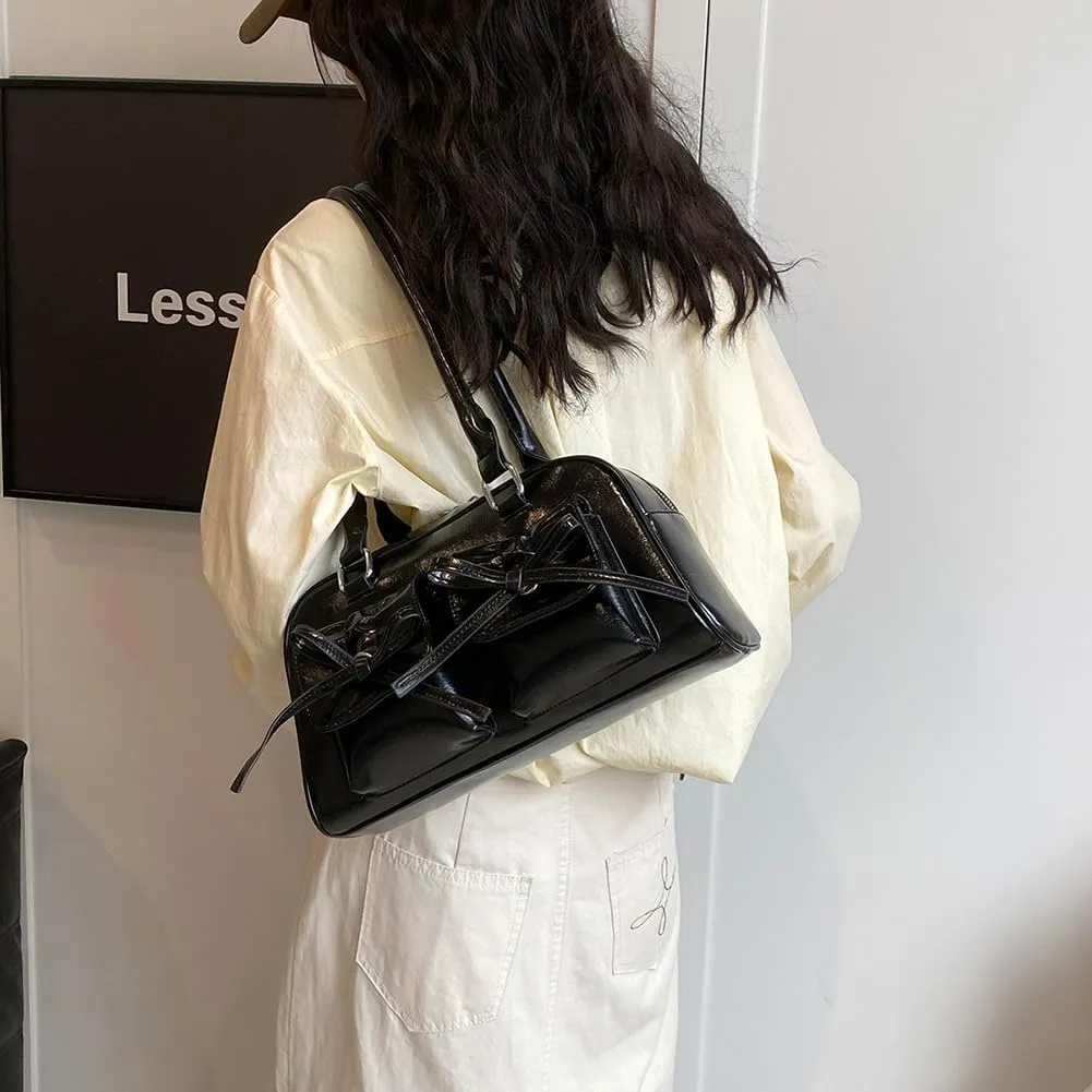 Women Fashion Shoulder Bag Double Pockets PU Leather Casual Armpit Bag with Bow Simple Shopping Bag Solid Color fo