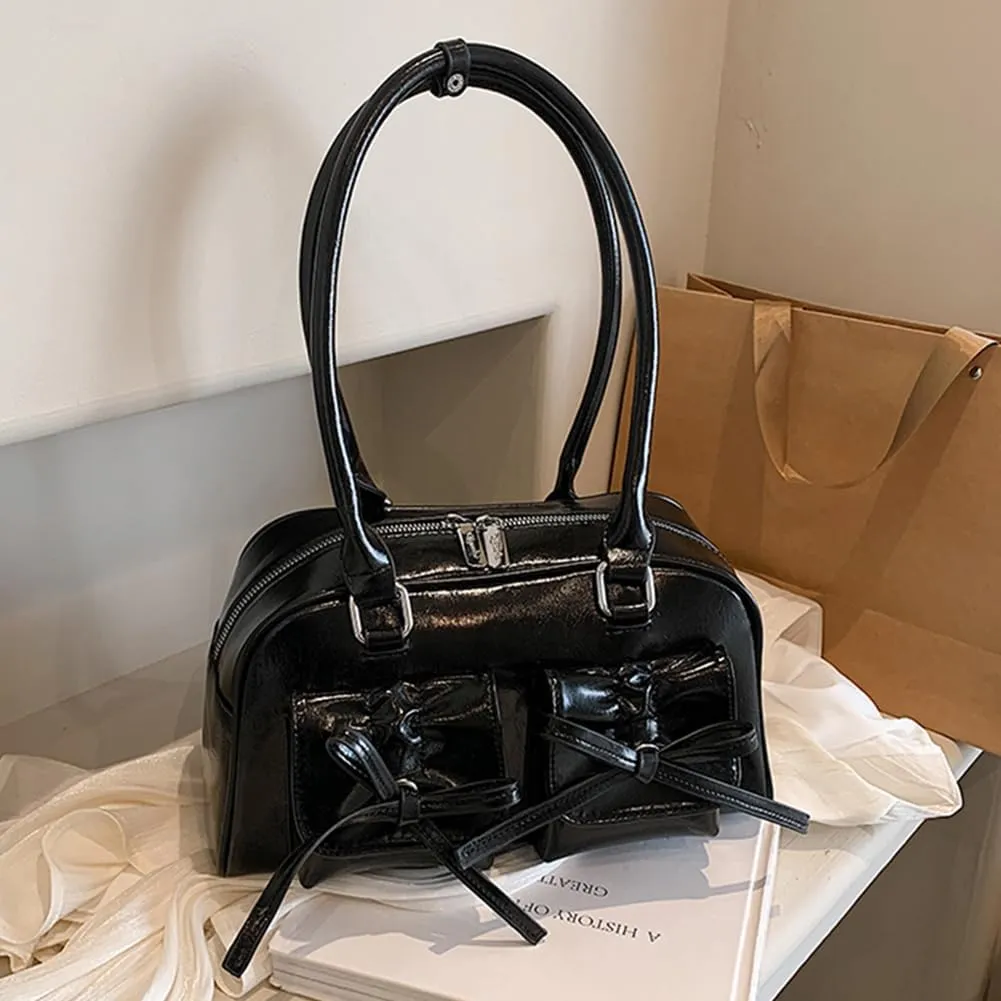 Women Fashion Shoulder Bag Double Pockets PU Leather Casual Armpit Bag with Bow Simple Shopping Bag Solid Color fo