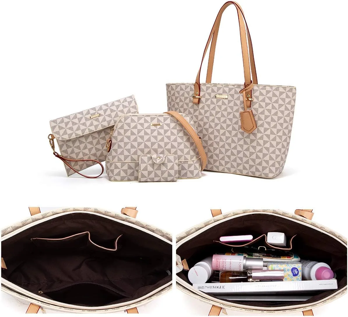 Women Fashion Synthetic Leather Handbags Tote Bag Shoulder Bag Top Handle Satchel Purse Set 4pcs