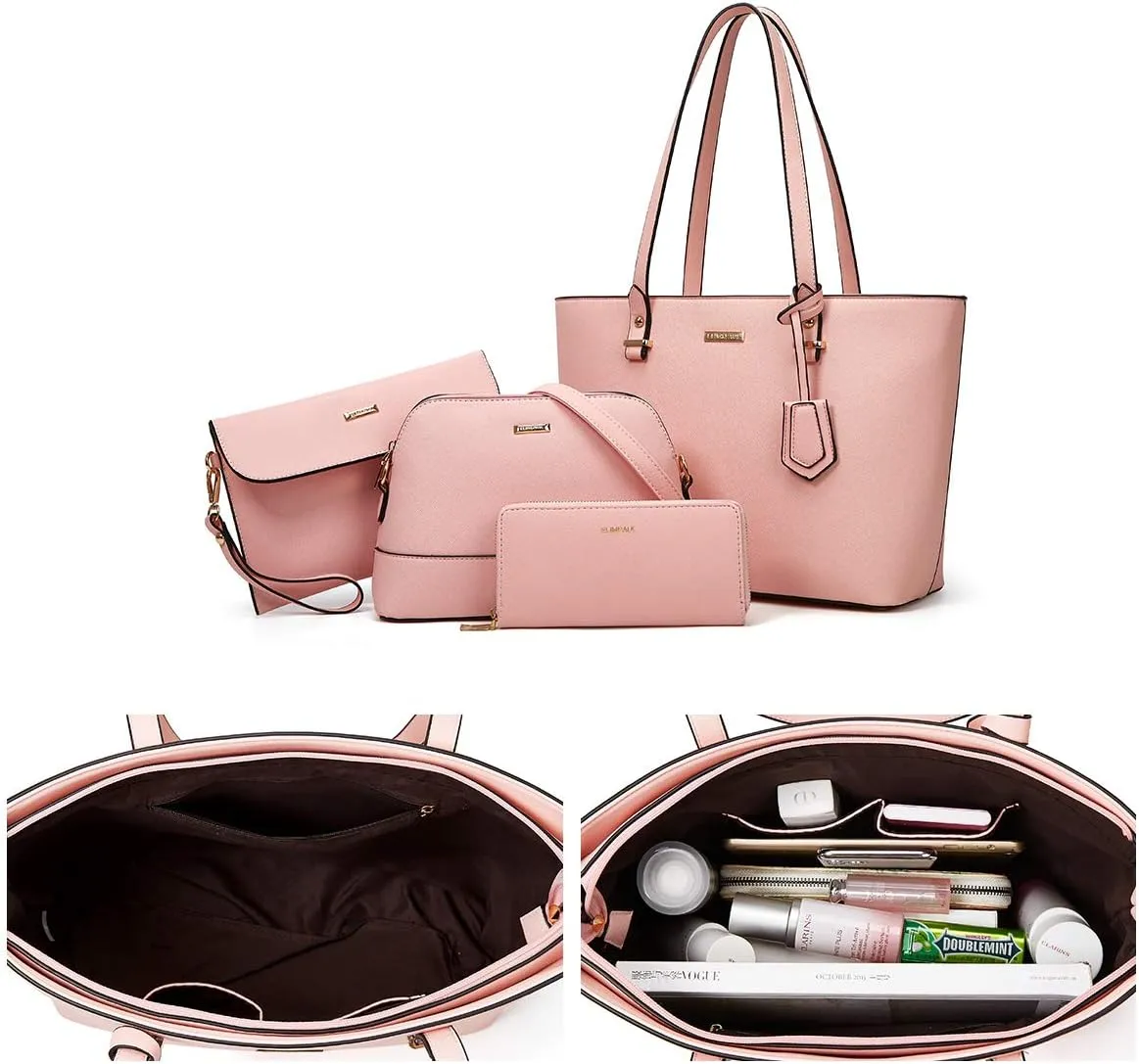 Women Fashion Synthetic Leather Handbags Tote Bag Shoulder Bag Top Handle Satchel Purse Set 4pcs