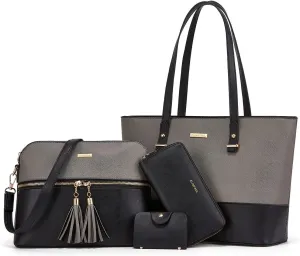 Women Fashion Synthetic Leather Handbags Tote Bag Shoulder Bag Top Handle Satchel Purse Set 4pcs
