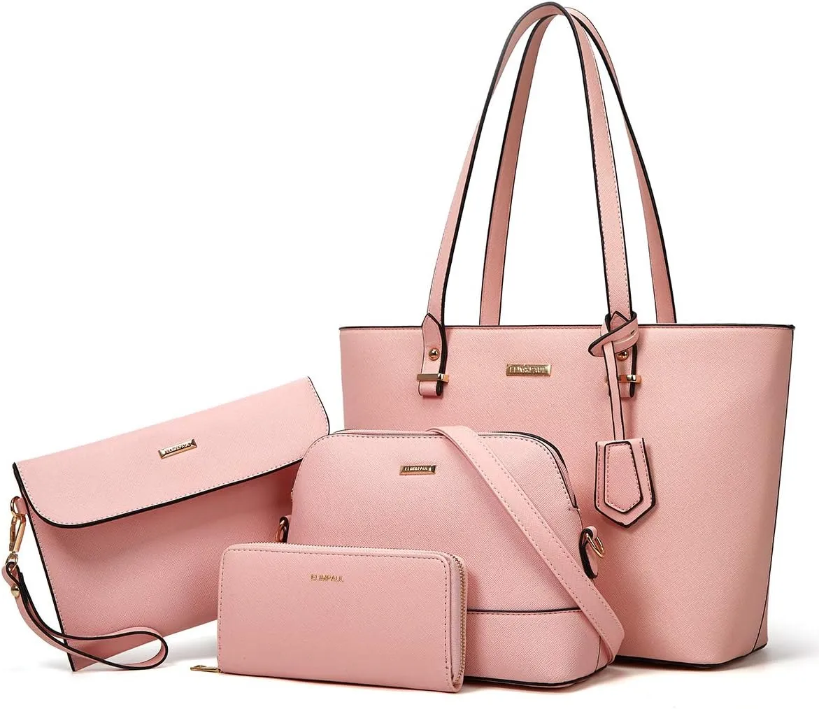Women Fashion Synthetic Leather Handbags Tote Bag Shoulder Bag Top Handle Satchel Purse Set 4pcs