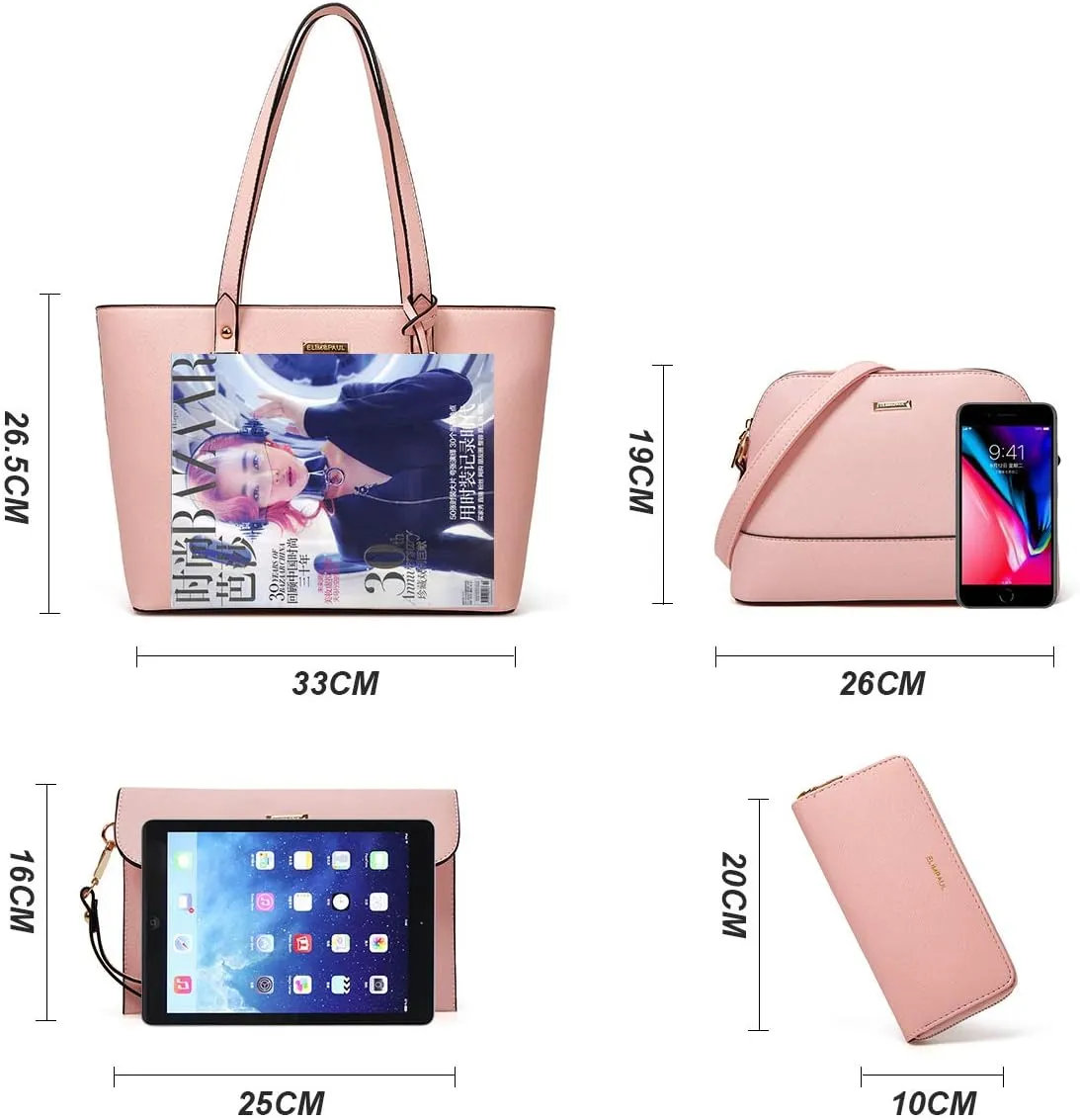 Women Fashion Synthetic Leather Handbags Tote Bag Shoulder Bag Top Handle Satchel Purse Set 4pcs