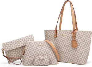 Women Fashion Synthetic Leather Handbags Tote Bag Shoulder Bag Top Handle Satchel Purse Set 4pcs