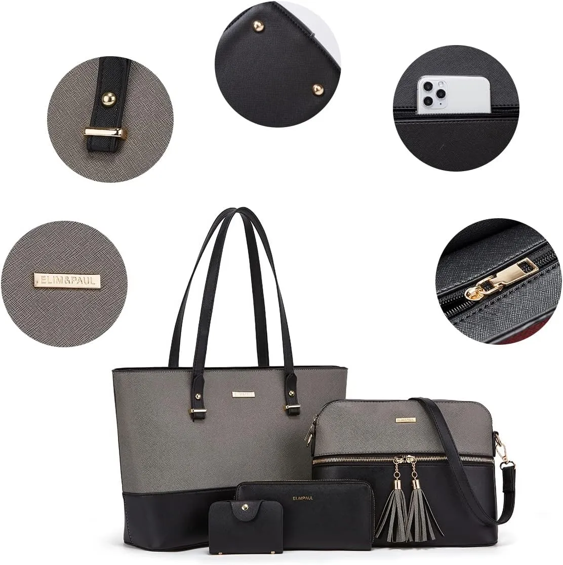 Women Fashion Synthetic Leather Handbags Tote Bag Shoulder Bag Top Handle Satchel Purse Set 4pcs