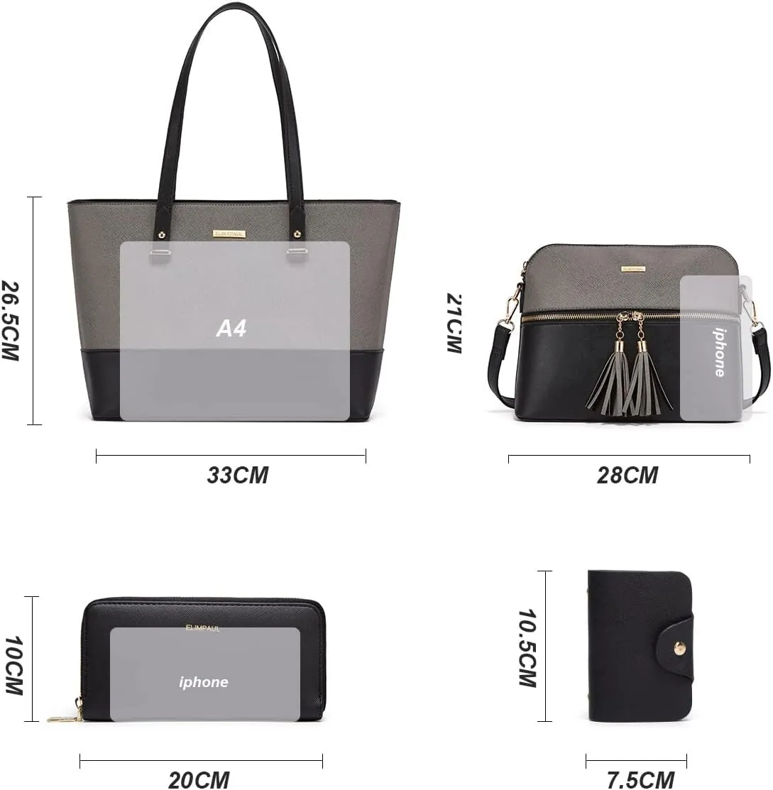 Women Fashion Synthetic Leather Handbags Tote Bag Shoulder Bag Top Handle Satchel Purse Set 4pcs