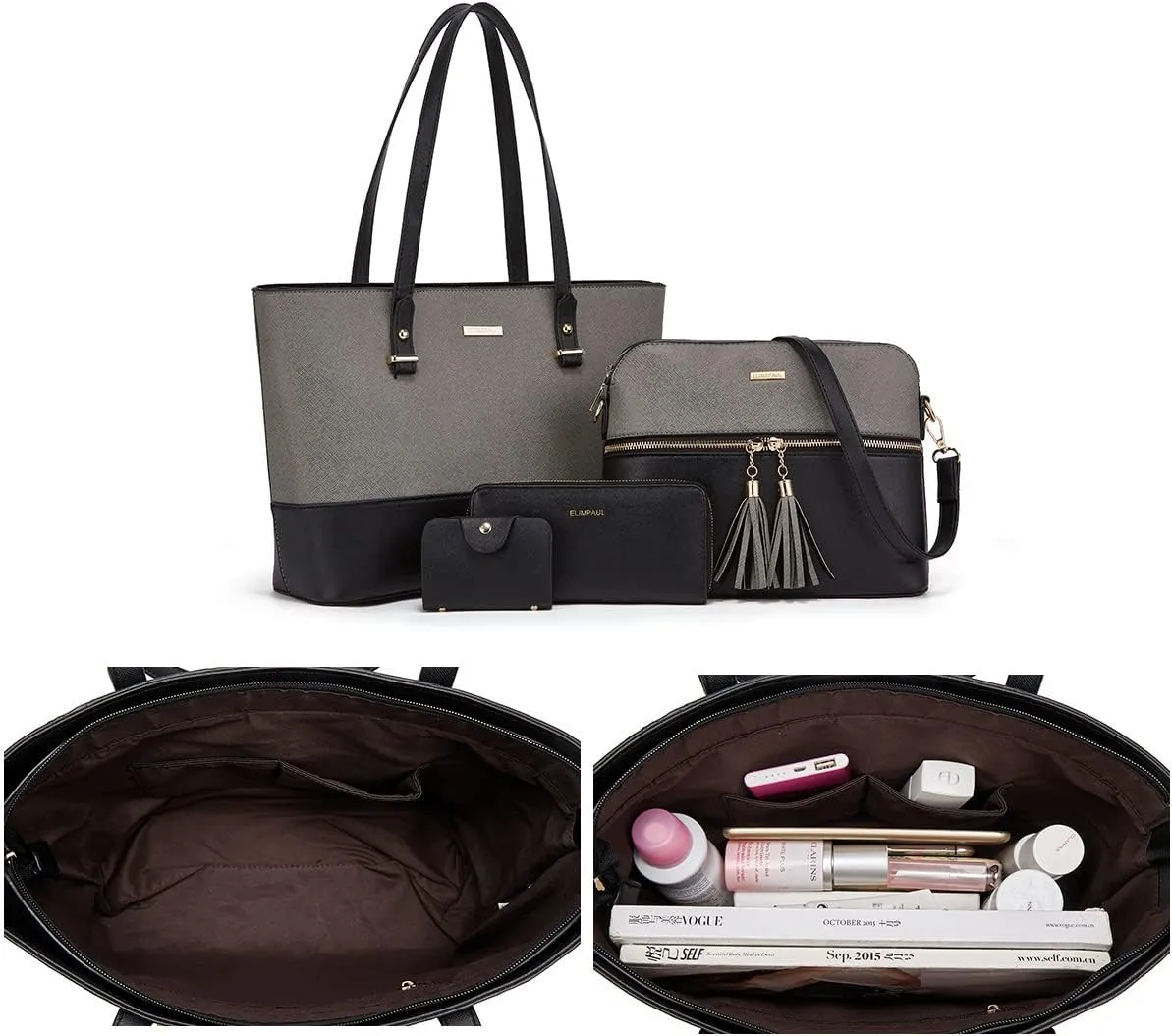 Women Fashion Synthetic Leather Handbags Tote Bag Shoulder Bag Top Handle Satchel Purse Set 4pcs