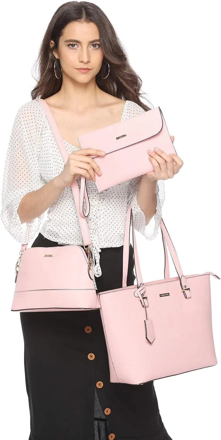 Women Fashion Synthetic Leather Handbags Tote Bag Shoulder Bag Top Handle Satchel Purse Set 4pcs