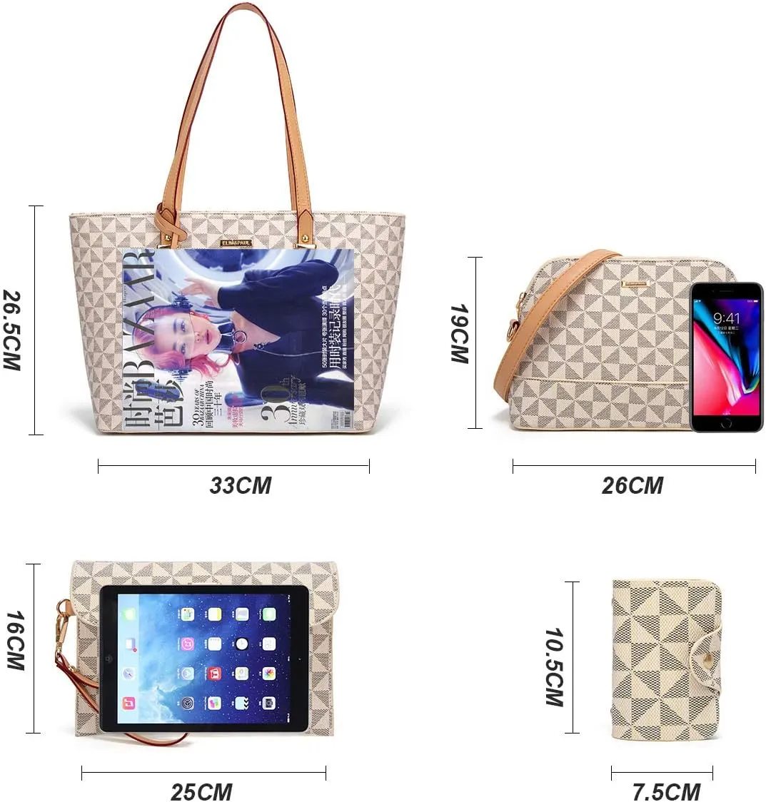 Women Fashion Synthetic Leather Handbags Tote Bag Shoulder Bag Top Handle Satchel Purse Set 4pcs