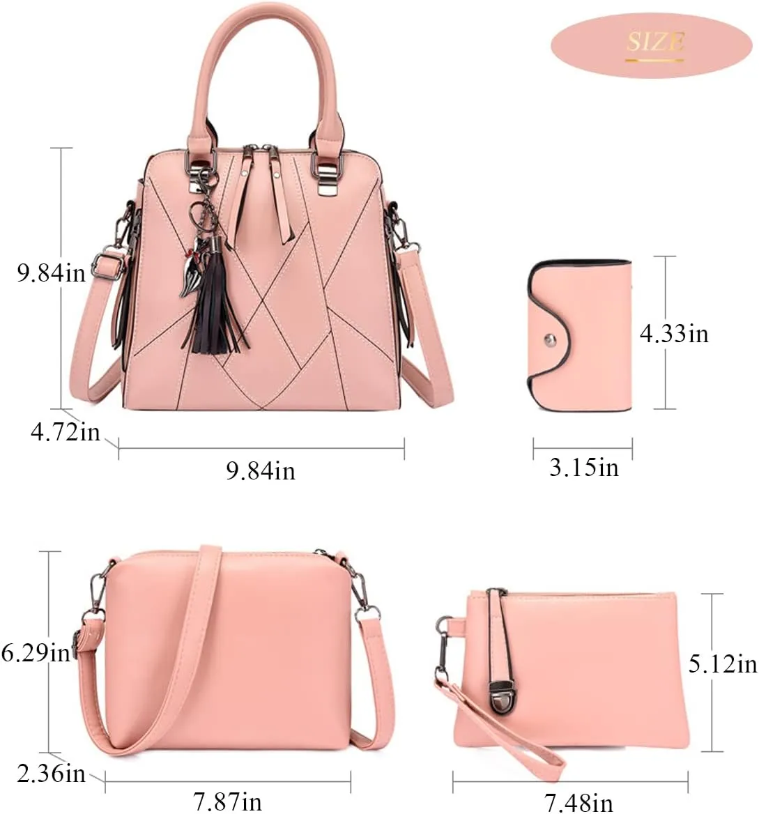 Women Handbags Purses Set 4pcs Leather Shoulder Top Handle Satchels with Pendant