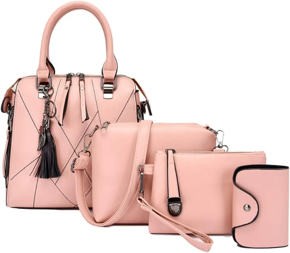 Women Handbags Purses Set 4pcs Leather Shoulder Top Handle Satchels with Pendant