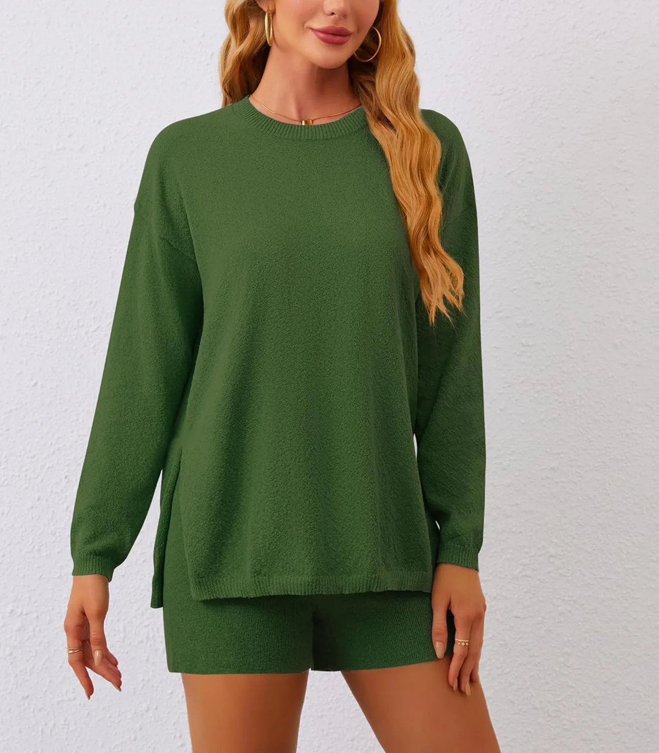 Womens 2 Piece Sets Fall Outfits 2024 Long Sleeve Lounge Set Knit Top Matching Shorts Beach Travel Vacation Cruise Clothes