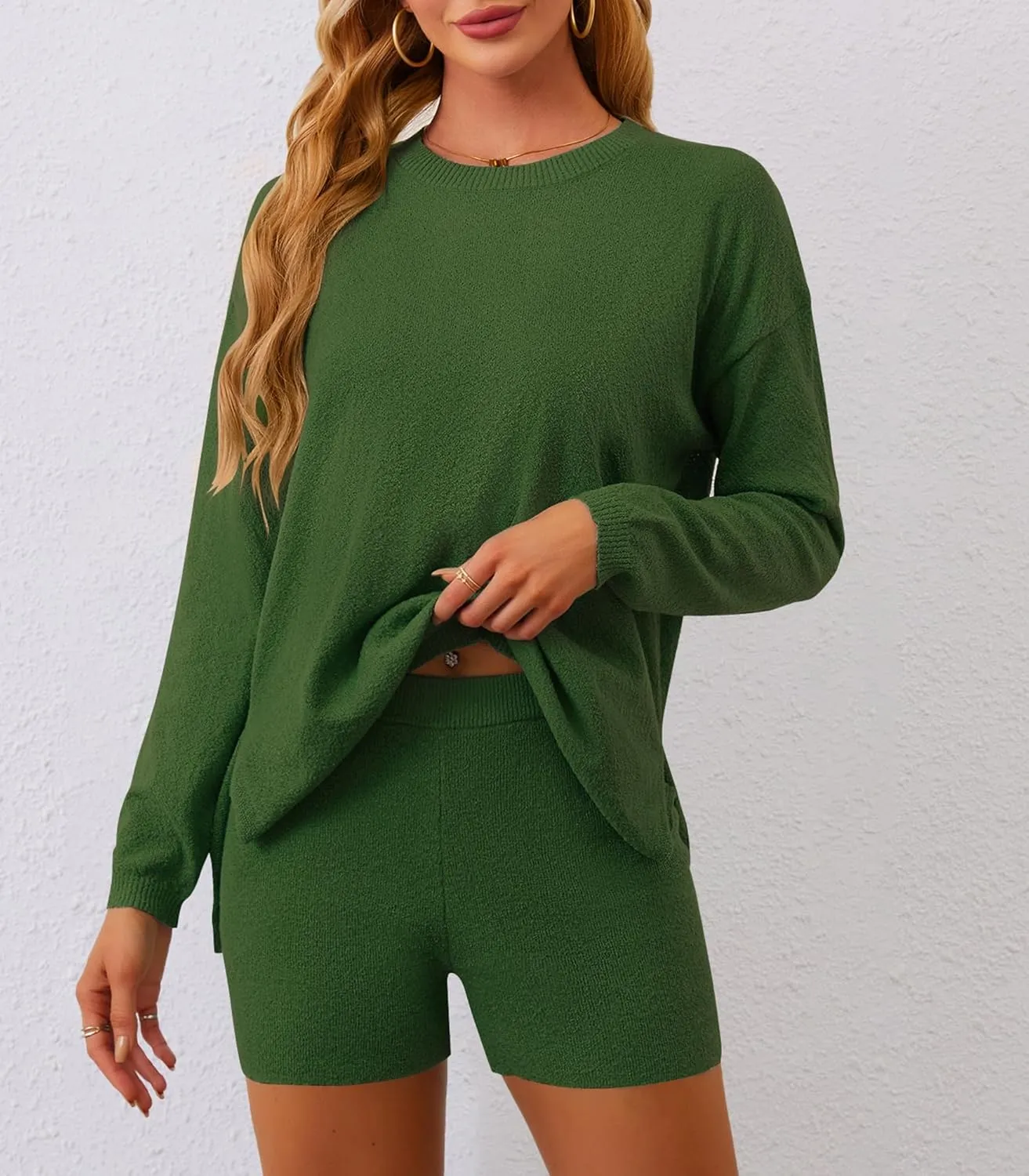 Womens 2 Piece Sets Fall Outfits 2024 Long Sleeve Lounge Set Knit Top Matching Shorts Beach Travel Vacation Cruise Clothes