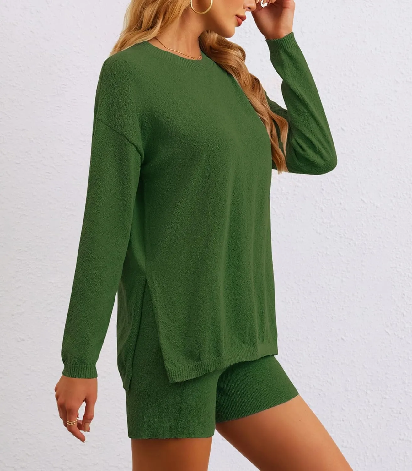 Womens 2 Piece Sets Fall Outfits 2024 Long Sleeve Lounge Set Knit Top Matching Shorts Beach Travel Vacation Cruise Clothes