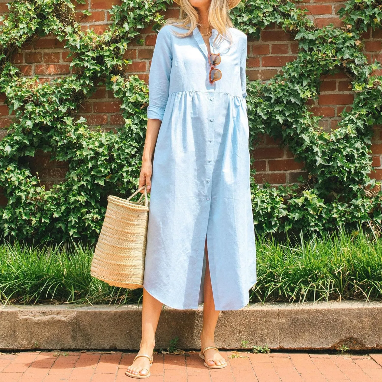 Womens Blue Maxi Button Down Shirt Dress Band Collar Long Sleeves Silhouette Casual Dresses with Pockets