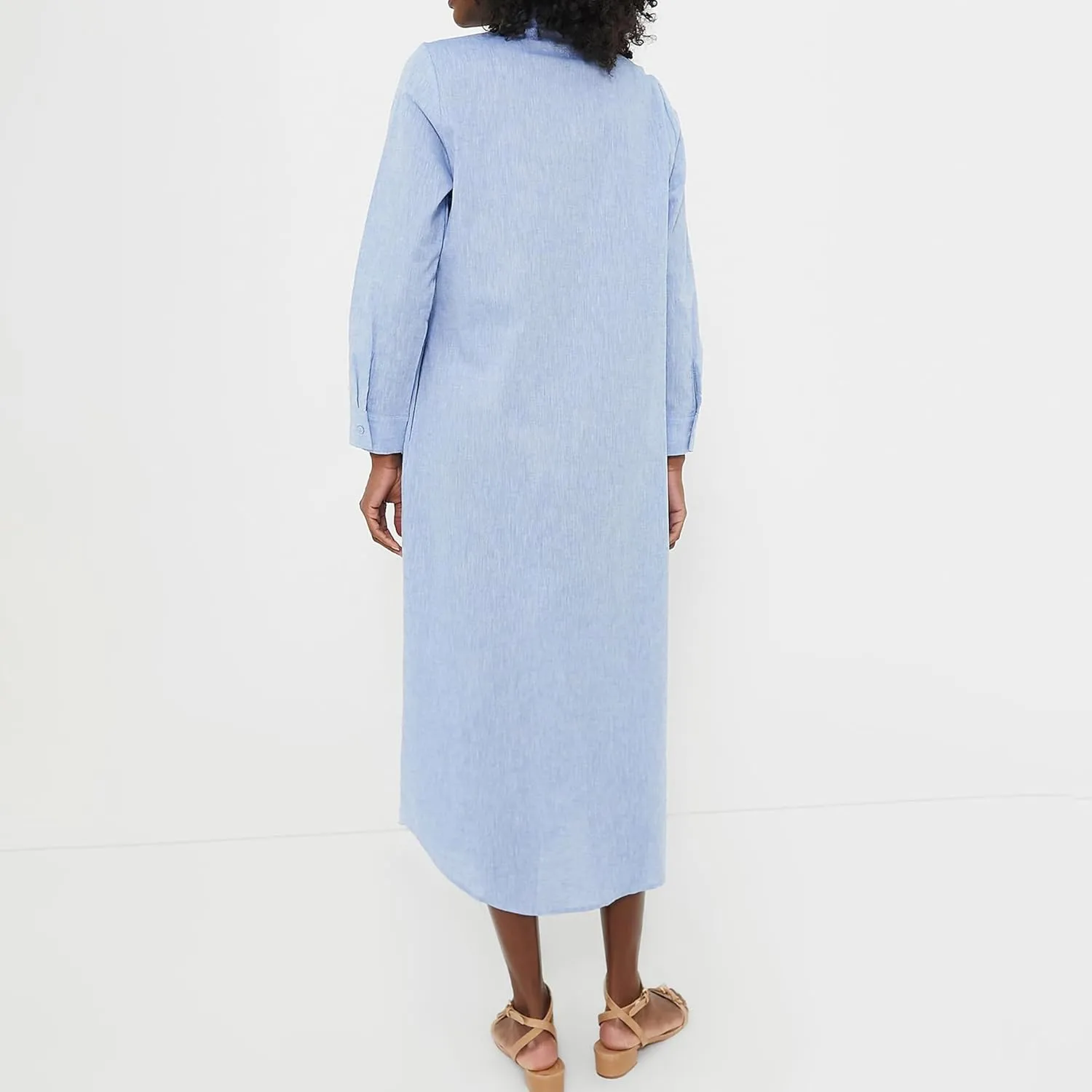 Womens Blue Maxi Button Down Shirt Dress Band Collar Long Sleeves Silhouette Casual Dresses with Pockets