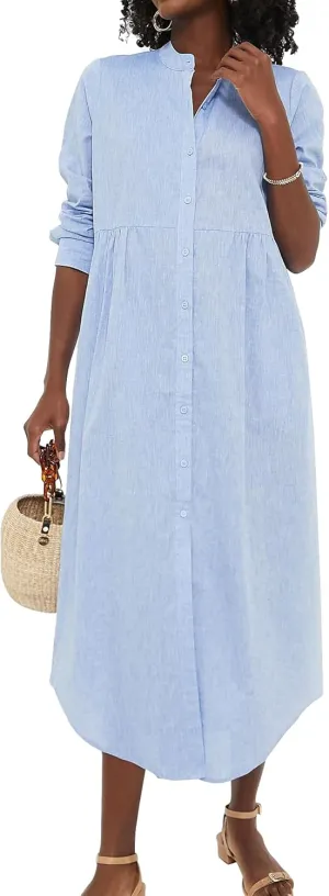 Womens Blue Maxi Button Down Shirt Dress Band Collar Long Sleeves Silhouette Casual Dresses with Pockets