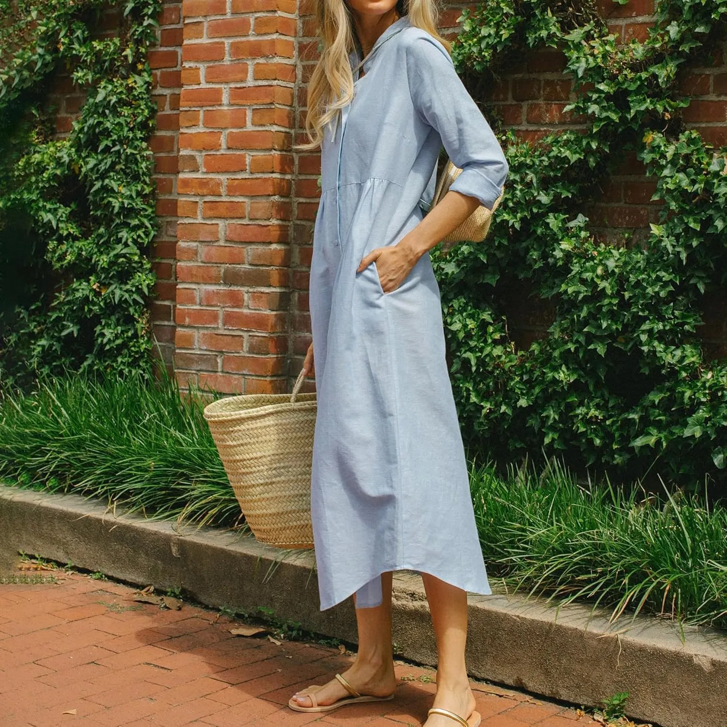 Womens Blue Maxi Button Down Shirt Dress Band Collar Long Sleeves Silhouette Casual Dresses with Pockets