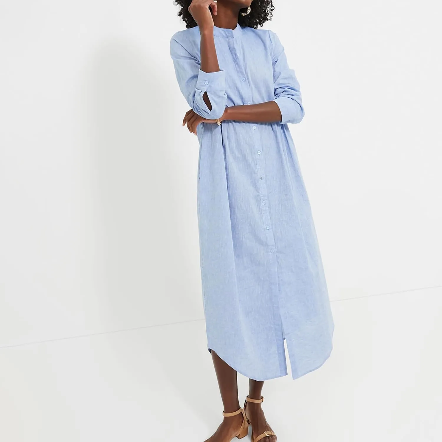 Womens Blue Maxi Button Down Shirt Dress Band Collar Long Sleeves Silhouette Casual Dresses with Pockets