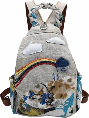 Womens Hippie Cotton Hemp Cloth Backpack Boho Vintage Embroidered Casual Purse