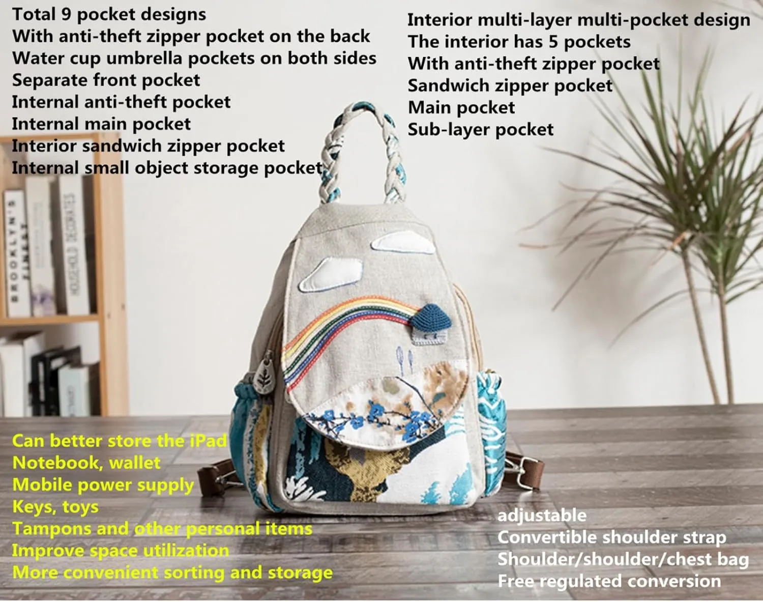 Womens Hippie Cotton Hemp Cloth Backpack Boho Vintage Embroidered Casual Purse