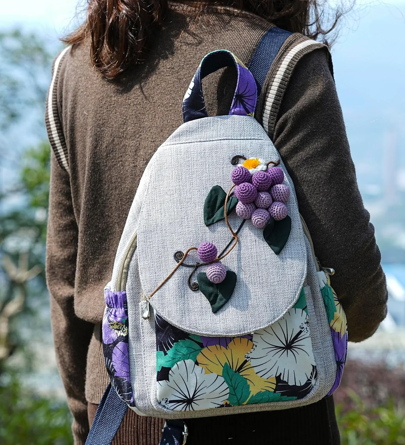 Womens Hippie Cotton Hemp Cloth Backpack Boho Vintage Embroidered Casual Purse