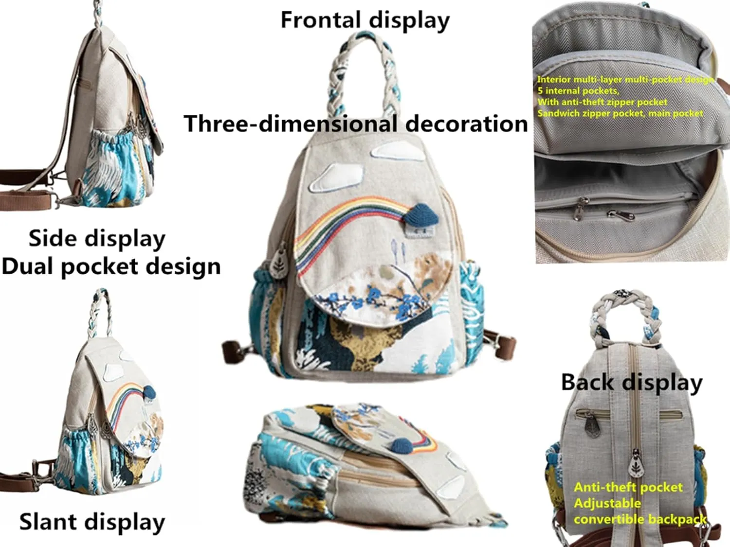 Womens Hippie Cotton Hemp Cloth Backpack Boho Vintage Embroidered Casual Purse