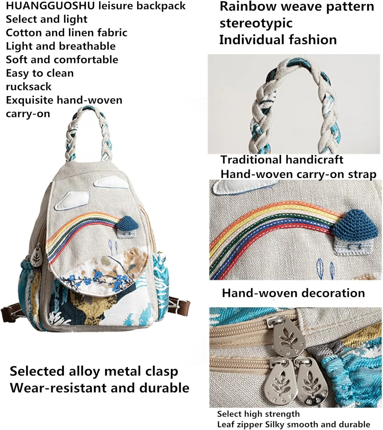 Womens Hippie Cotton Hemp Cloth Backpack Boho Vintage Embroidered Casual Purse