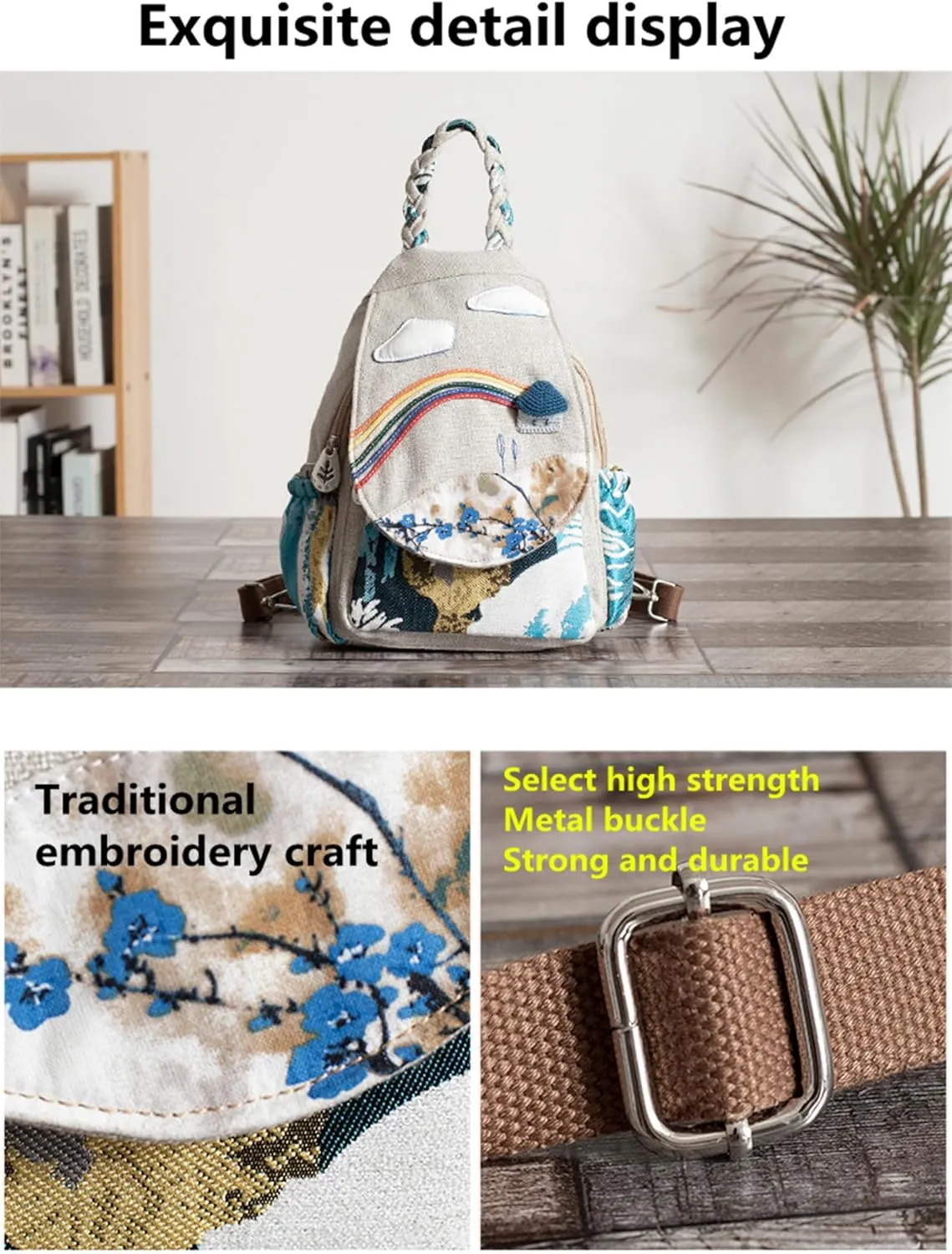 Womens Hippie Cotton Hemp Cloth Backpack Boho Vintage Embroidered Casual Purse