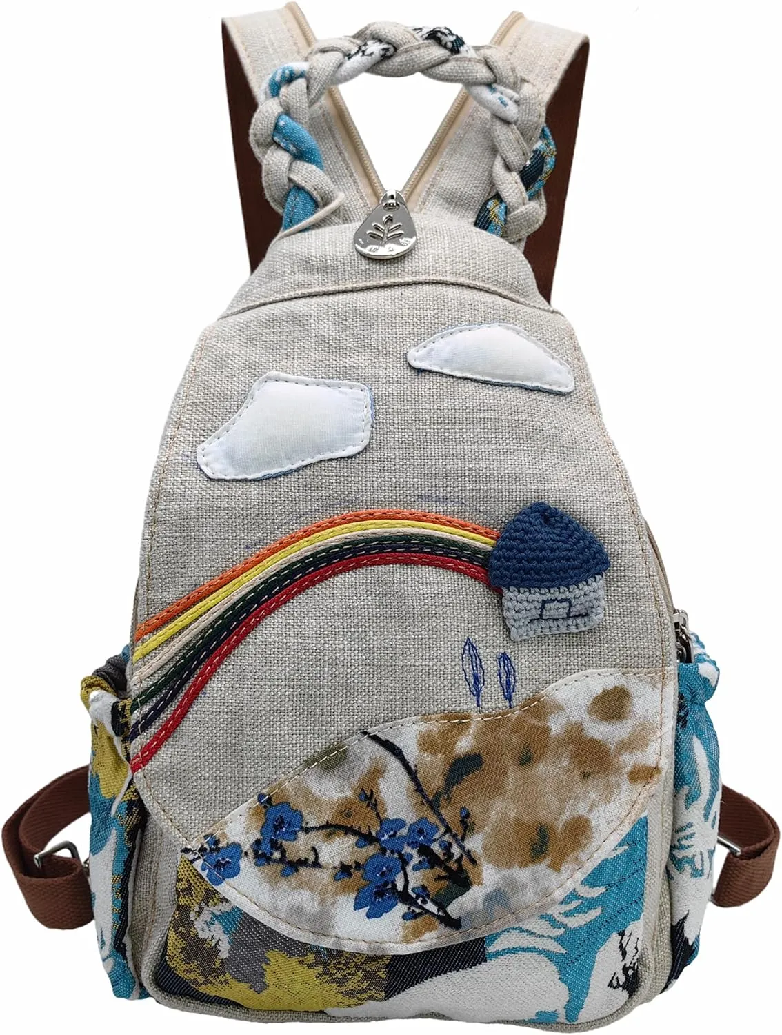 Womens Hippie Cotton Hemp Cloth Backpack Boho Vintage Embroidered Casual Purse