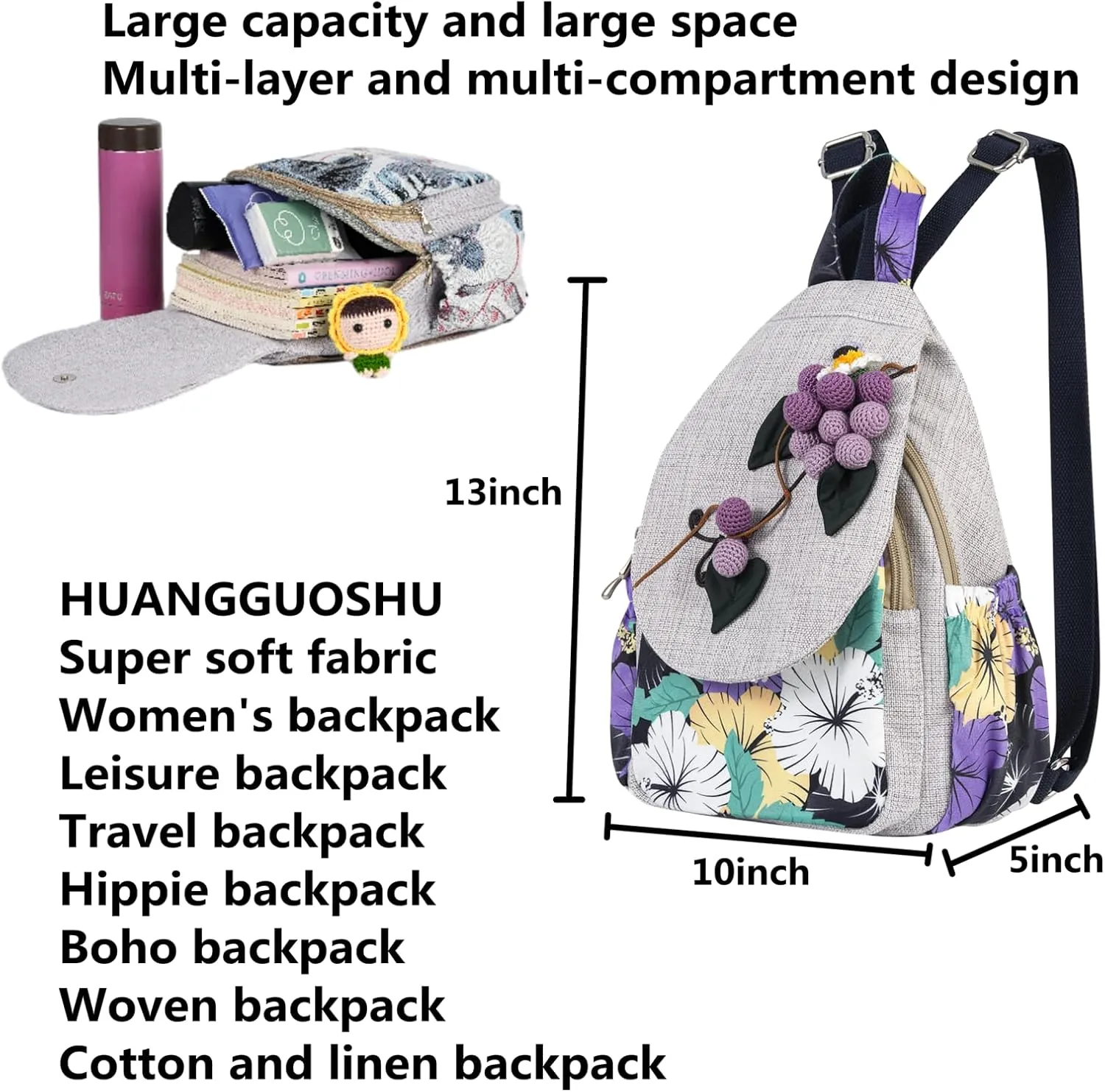 Womens Hippie Cotton Hemp Cloth Backpack Boho Vintage Embroidered Casual Purse