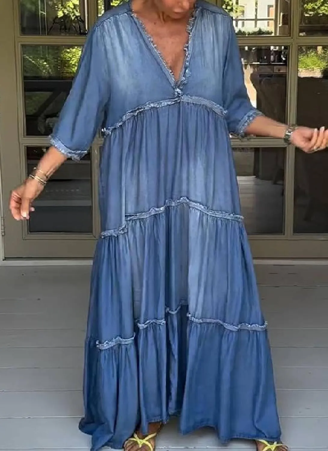 Womens Maxi Dress 3/4 Sleeve V-Neck Blue Denim Plain Tiered Boho Relaxed 2025 Spring Summer Beach Vacation Dress