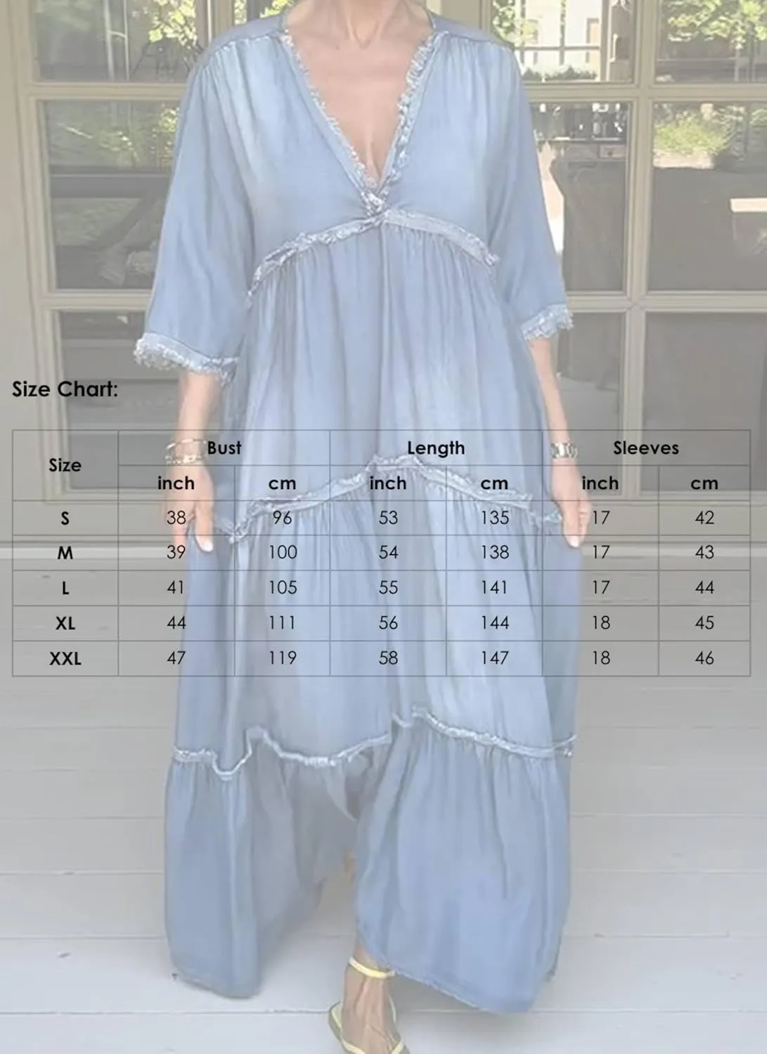 Womens Maxi Dress 3/4 Sleeve V-Neck Blue Denim Plain Tiered Boho Relaxed 2025 Spring Summer Beach Vacation Dress