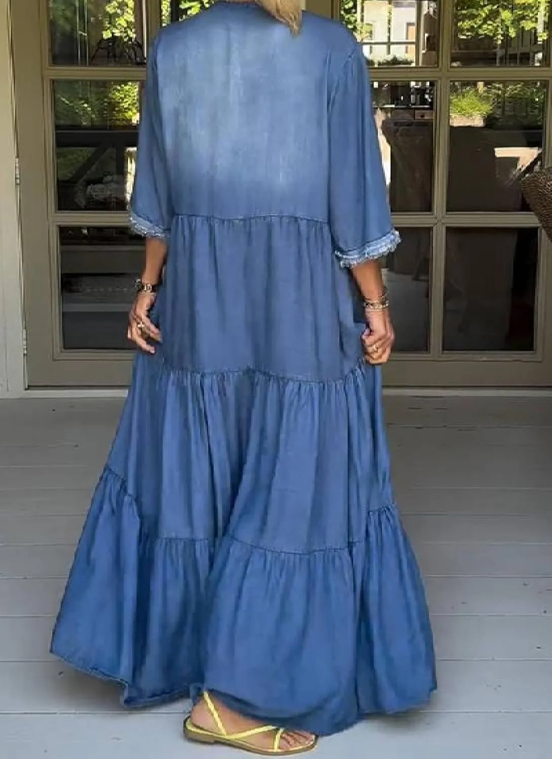 Womens Maxi Dress 3/4 Sleeve V-Neck Blue Denim Plain Tiered Boho Relaxed 2025 Spring Summer Beach Vacation Dress