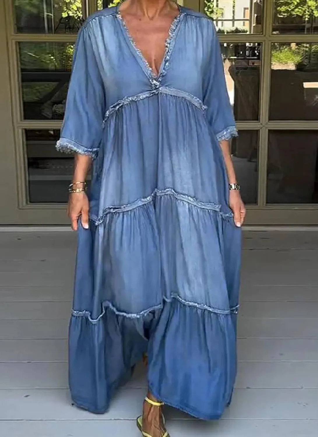 Womens Maxi Dress 3/4 Sleeve V-Neck Blue Denim Plain Tiered Boho Relaxed 2025 Spring Summer Beach Vacation Dress