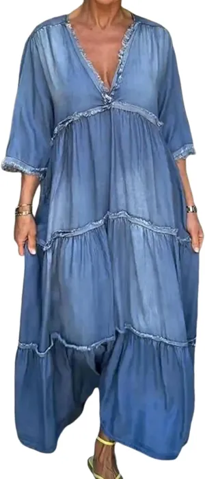 Womens Maxi Dress 3/4 Sleeve V-Neck Blue Denim Plain Tiered Boho Relaxed 2025 Spring Summer Beach Vacation Dress