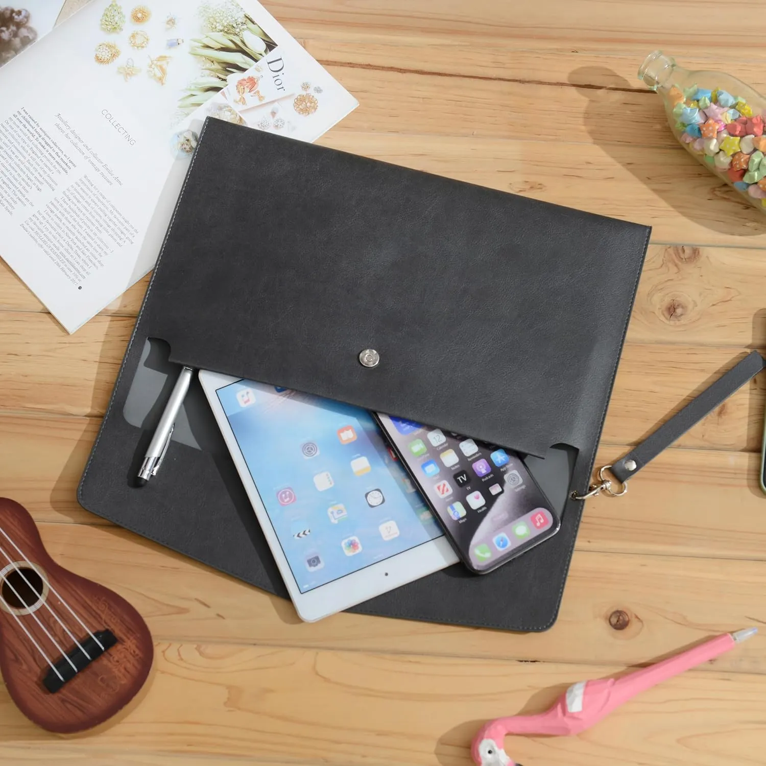 Wonderpool A4 PU Leather Envelope Documents File Portfolio Large Capacity Folders Travel Bag for Paper Letter Stationery Organizer and Tablet Case PC Sleeve (Black)