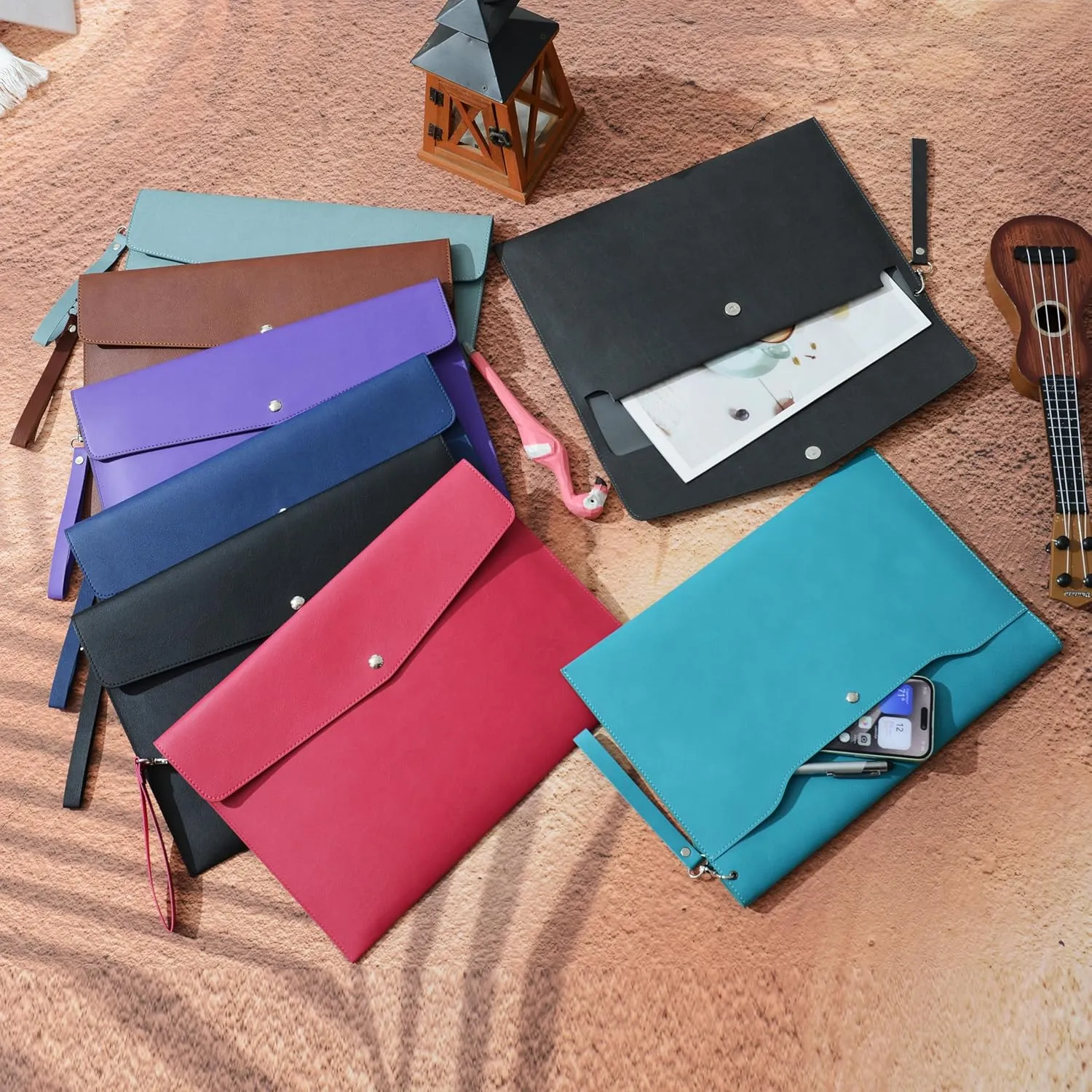 Wonderpool A4 PU Leather Envelope Documents File Portfolio Large Capacity Folders Travel Bag for Paper Letter Stationery Organizer and Tablet Case PC Sleeve (Black)
