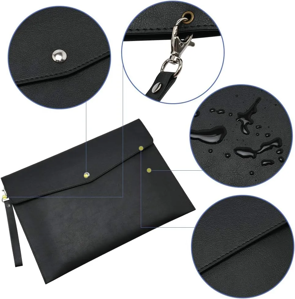 Wonderpool A4 PU Leather Envelope Documents File Portfolio Large Capacity Folders Travel Bag for Paper Letter Stationery Organizer and Tablet Case PC Sleeve (Black)