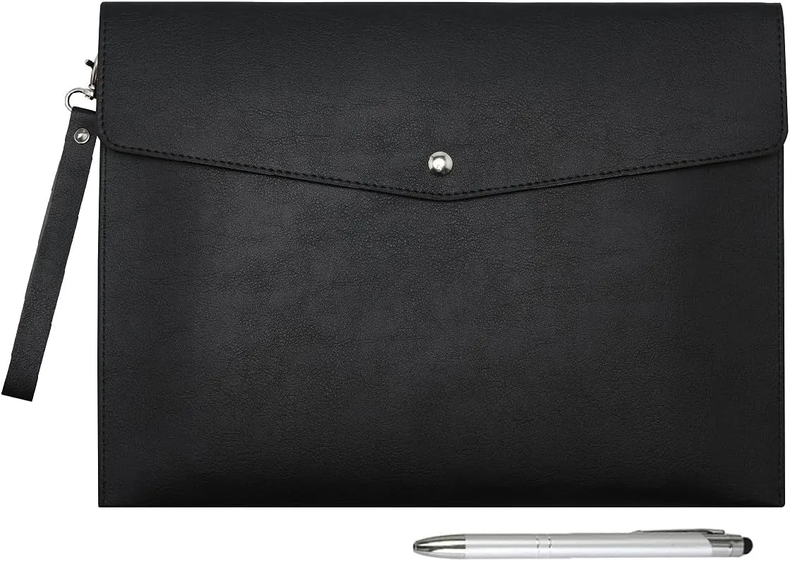 Wonderpool A4 PU Leather Envelope Documents File Portfolio Large Capacity Folders Travel Bag for Paper Letter Stationery Organizer and Tablet Case PC Sleeve (Black)