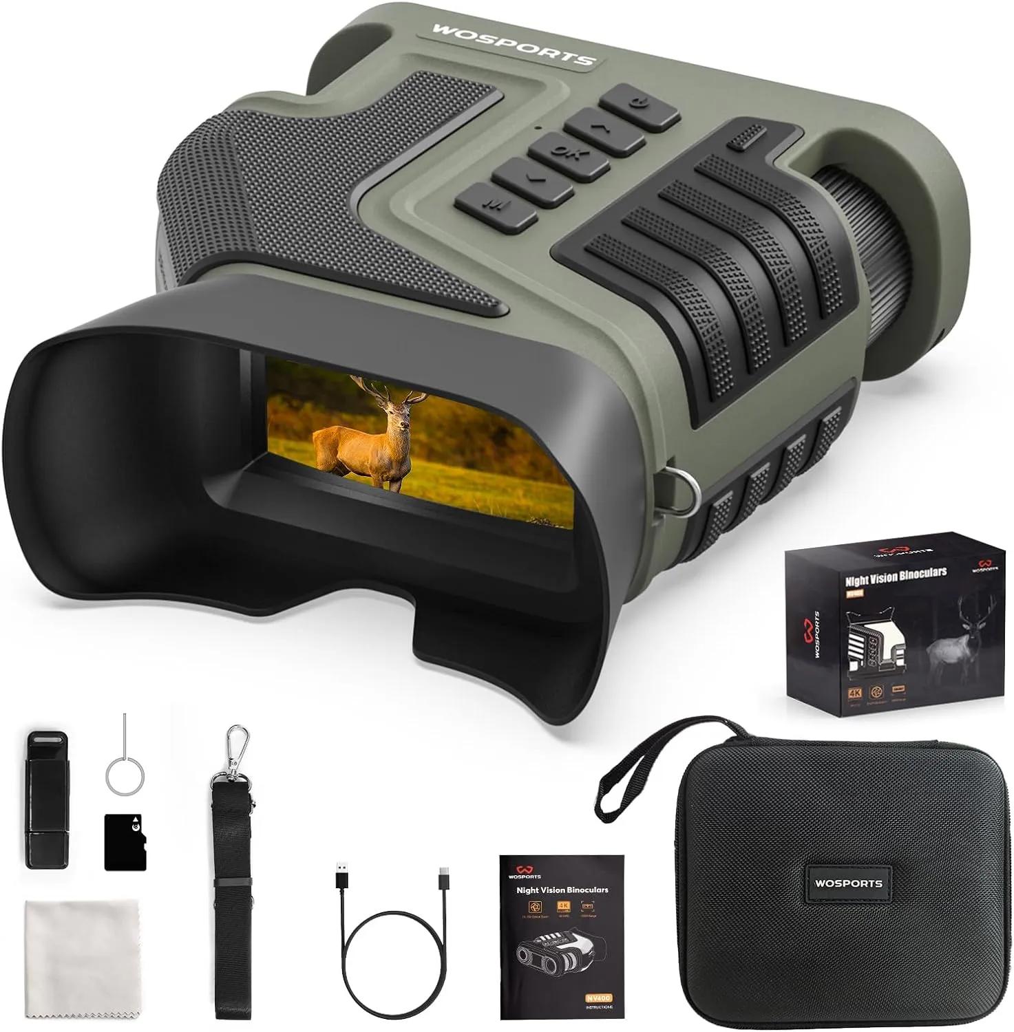 WOSPORTS Night Vision Binoculars, 4K Night Vision Goggles 1315FT 10X Optical Zoom 8X Digital Zoom Rechargeable NVG with 3'' Screen and 32GB TF Card Bird Watching, Outdoors, Photo, Video