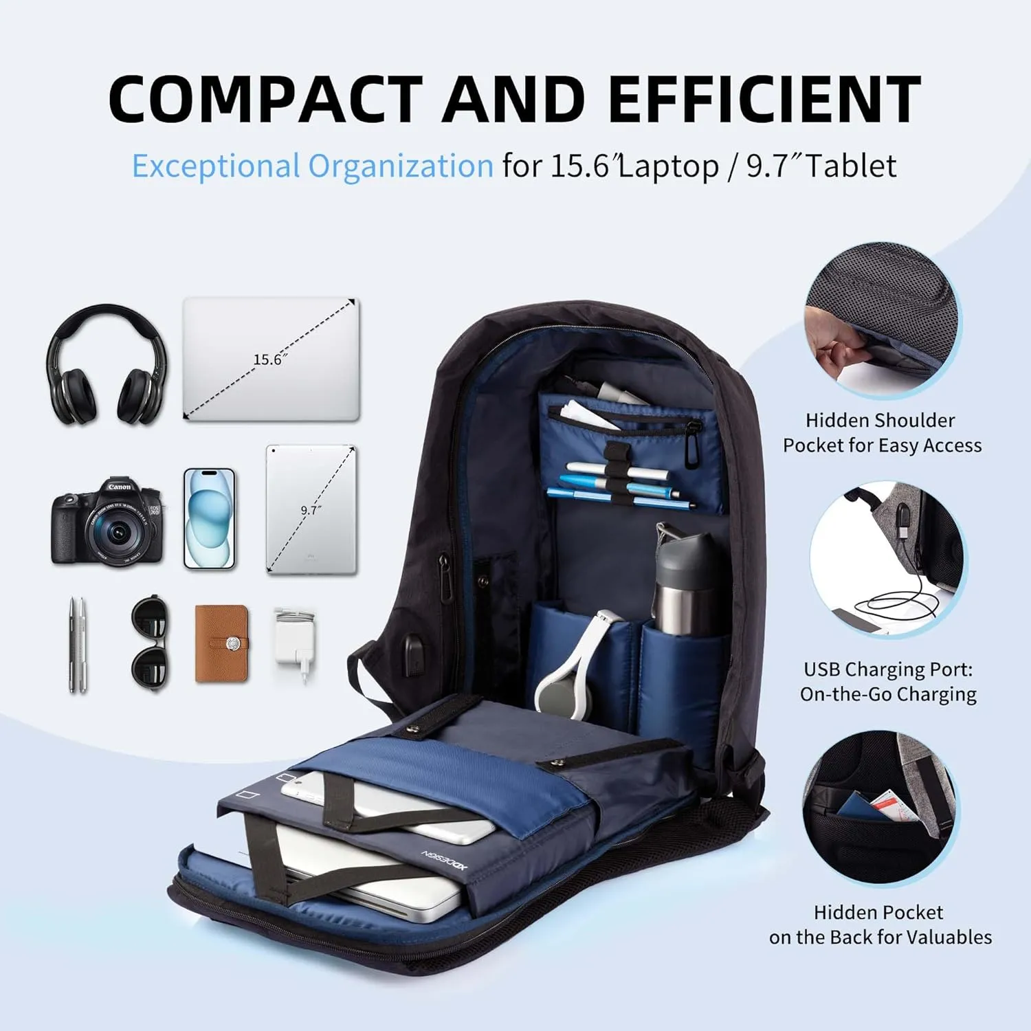XDDesign Bobby Original 12.5L Anti Theft Laptop Backpack, 15.6" Laptop&9.7" Tablet Sleeve,Slash-resistant,Water Repellent,Shockproof, USB Charging Port Travel Carry on Flight Approved for Men&Women