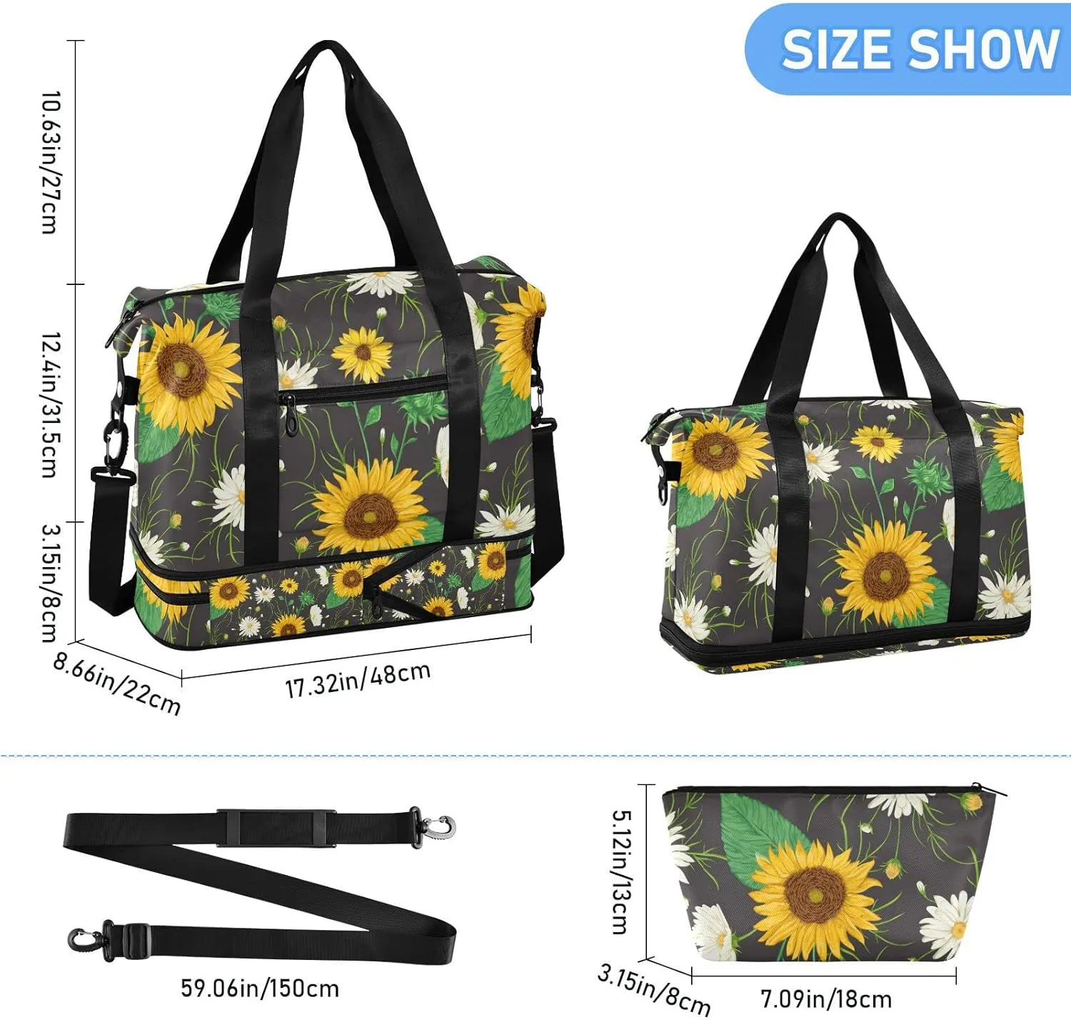 Yellow Sunflowers White Chamomile Flowers with Green Leaves on Dark Gym Duffel Bag, Polyester Travel Weekender Luggage Handbag with Waterproof Pocket for Wet Items, Unisex Foldable Tote for Sports