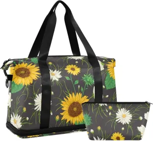 Yellow Sunflowers White Chamomile Flowers with Green Leaves on Dark Gym Duffel Bag, Polyester Travel Weekender Luggage Handbag with Waterproof Pocket for Wet Items, Unisex Foldable Tote for Sports